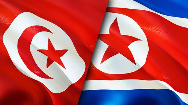 Tunisia and North Korea flags. 3D Waving flag design. Tunisia North Korea flag, picture, wallpaper. Tunisia vs North Korea image,3D rendering. Tunisia North Korea relations alliance an