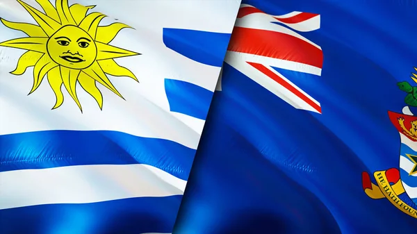 Uruguay and Cayman Islands flags. 3D Waving flag design. Uruguay Cayman Islands flag, picture, wallpaper. Uruguay vs Cayman Islands image,3D rendering. Uruguay Cayman Islands relations alliance an