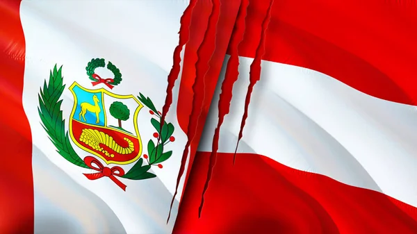 Peru and Austria flags with scar concept. Waving flag,3D rendering. Peru and Austria conflict concept. Peru Austria relations concept. flag of Peru and Austria crisis,war, attack concep