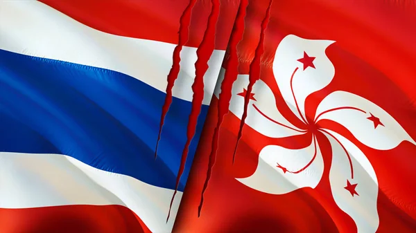 Thailand and Hong Kong flags with scar concept. Waving flag,3D rendering. Thailand and Hong Kong conflict concept. Thailand Hong Kong relations concept. flag of Thailand and Hong Kong crisis,war