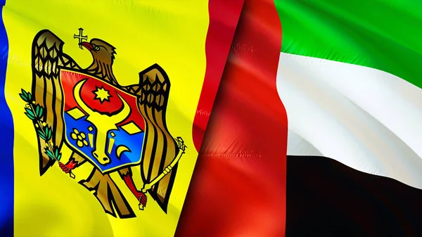 Moldova and United Arab Emirates flags. 3D Waving flag design. Moldova United Arab Emirates flag, picture, wallpaper. Moldova vs United Arab Emirates image,3D rendering. Moldova United Arab Emirate