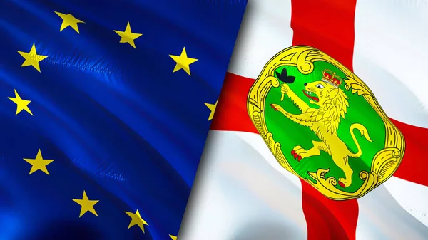 European Union and Alderney flags. 3D Waving flag design. European Union Alderney flag, picture, wallpaper. European Union vs Alderney image,3D rendering. European Union Alderney relations allianc