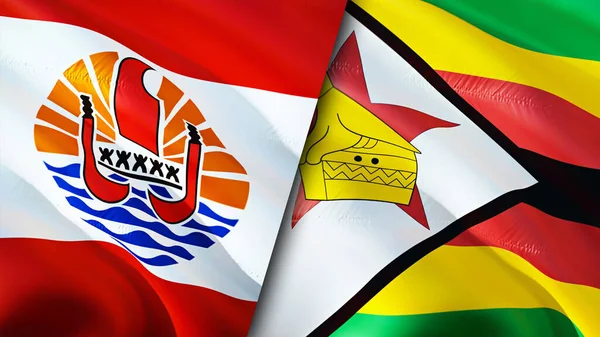 French Polynesia and Zimbabwe flags. 3D Waving flag design. French Polynesia Zimbabwe flag, picture, wallpaper. French Polynesia vs Zimbabwe image,3D rendering. French Polynesia Zimbabwe relation