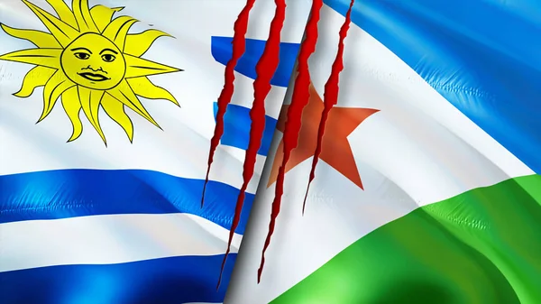 Yara Izi Olan Uruguay Cibuti Bayrakları Dalgalanan Bayrak Boyutlu Görüntüleme — Stok fotoğraf