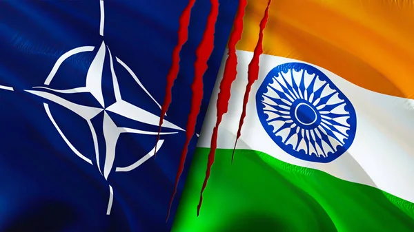 Stock image NATO and India flags with scar concept. Waving flag,3D rendering. India and NATO conflict concept. NATO India relations concept. flag of NATO and India crisis,war, attack concep