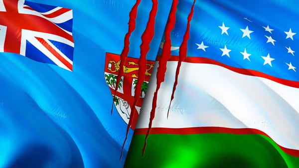 斐济和乌兹别克斯坦的国旗带有伤疤概念 飘扬的旗帜 3D渲染 斐济和乌兹别克斯坦冲突概念 斐济乌兹别克斯坦关系概念 斐济和乌兹别克斯坦国旗危机 — 图库照片