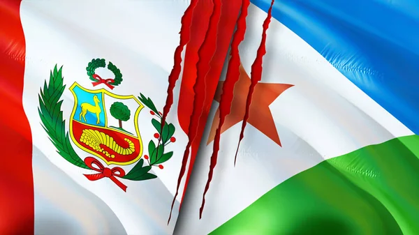 Peru and Djibouti flags with scar concept. Waving flag,3D rendering. Peru and Djibouti conflict concept. Peru Djibouti relations concept. flag of Peru and Djibouti crisis,war, attack concep