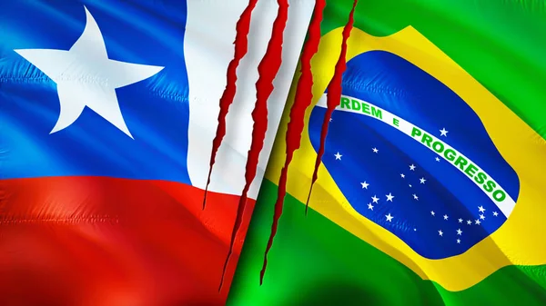 Chile and Brazil flags with scar concept. Waving flag,3D rendering. Chile and Brazil conflict concept. Chile Brazil relations concept. flag of Chile and Brazil crisis,war, attack concep