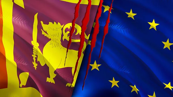 Sri Lanka and European Union flags with scar concept. Waving flag,3D rendering. Sri Lanka and European Union conflict concept. Sri Lanka European Union relations concept. flag of Sri Lanka an