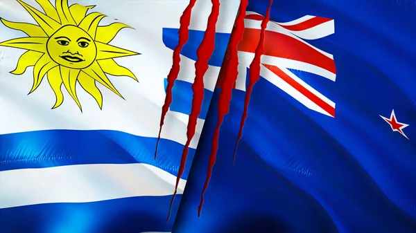 乌拉圭和新西兰的国旗带有疤痕概念 飘扬的旗帜 3D渲染 乌拉圭和新西兰冲突概念 乌拉圭新西兰关系概念 乌拉圭和新西兰的国旗 — 图库照片