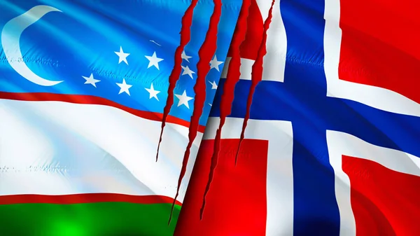 Uzbekistan and Norway flags with scar concept. Waving flag,3D rendering. Uzbekistan and Norway conflict concept. Uzbekistan Norway relations concept. flag of Uzbekistan and Norway crisis,war, attac