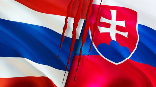 Прапори Таїланду Словаччини Поняттям Шрамів Прапор Рендеринг Конфлікт Таїланді Словаччині — стокове фото