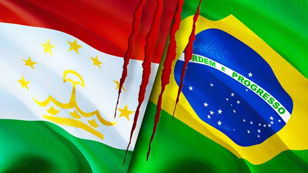 Tajikistan and Brazil flags with scar concept. Waving flag,3D rendering. Tajikistan and Brazil conflict concept. Tajikistan Brazil relations concept. flag of Tajikistan and Brazil crisis,war, attac
