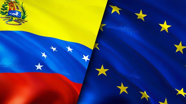 Venezuela and European Union flags. 3D Waving flag design. Venezuela European Union flag, picture, wallpaper. Venezuela vs European Union image,3D rendering. Venezuela European Union relation