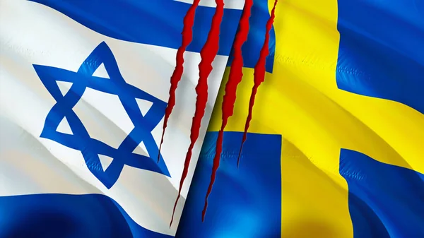 Israel and Sweden flags with scar concept. Waving flag,3D rendering. Israel and Sweden conflict concept. Israel Sweden relations concept. flag of Israel and Sweden crisis,war, attack concep