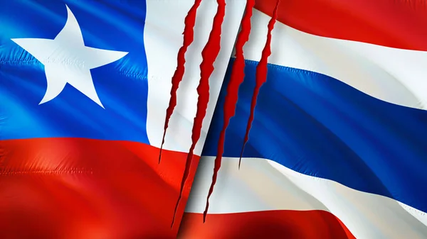 Chile and Thailand flags with scar concept. Waving flag,3D rendering. Chile and Thailand conflict concept. Chile Thailand relations concept. flag of Chile and Thailand crisis,war, attack concep