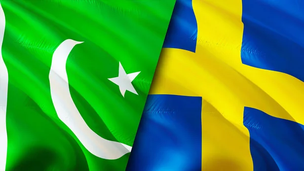 Pakistan and Sweden flags. 3D Waving flag design. Pakistan Sweden flag, picture, wallpaper. Pakistan vs Sweden image,3D rendering. Pakistan Sweden relations alliance and Trade,travel,tourism concep