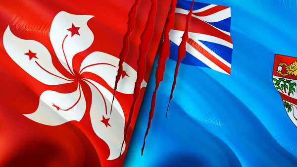 香港和斐济的国旗上有疤痕的概念 飘扬的旗帜 3D渲染 香港与斐济的冲突概念 香港与斐济的关系概念 香港与斐济危机 — 图库照片
