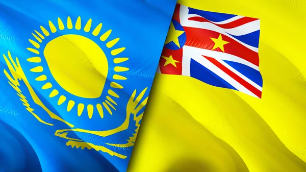 Kazakhstan and Niue flags. 3D Waving flag design. Kazakhstan Niue flag, picture, wallpaper. Kazakhstan vs Niue image,3D rendering. Kazakhstan Niue relations alliance and Trade,travel,tourism concep