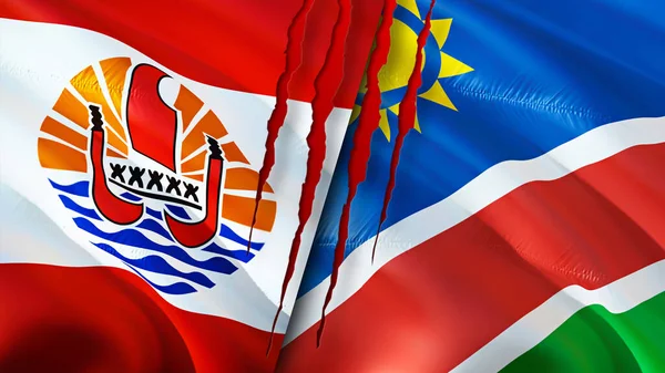 French Polynesia and Namibia flags with scar concept. Waving flag,3D rendering. French Polynesia and Namibia conflict concept. French Polynesia Namibia relations concept. flag of French Polynesi