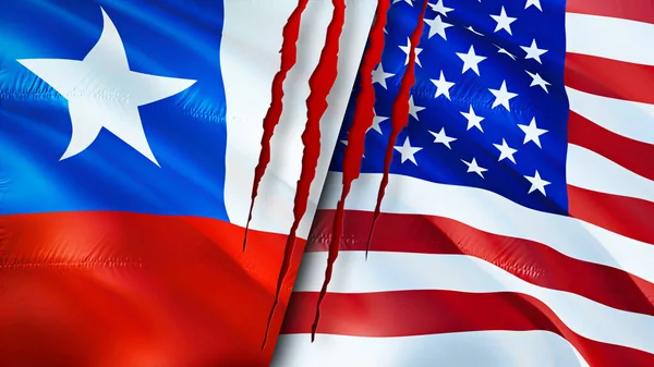 チリとアメリカは傷の概念でフラグを立てます 旗を振って3Dレンダリング チリとアメリカ合衆国の対立概念 チリアメリカ関係の概念 チリとアメリカの国旗 — ストック写真