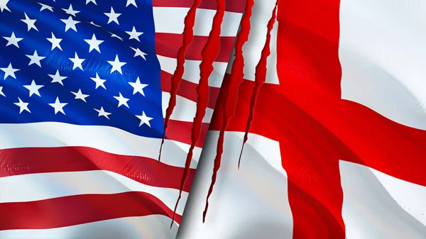 Usa Engeland Vlaggen Met Litteken Concept Wuivende Vlag Weergave Conflictconcept — Stockfoto