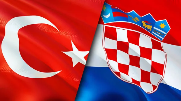 Turkey and Croatia flags. 3D Waving flag design. Turkey Croatia flag, picture, wallpaper. Turkey vs Croatia image,3D rendering. Turkey Croatia relations alliance and Trade,travel,tourism concep