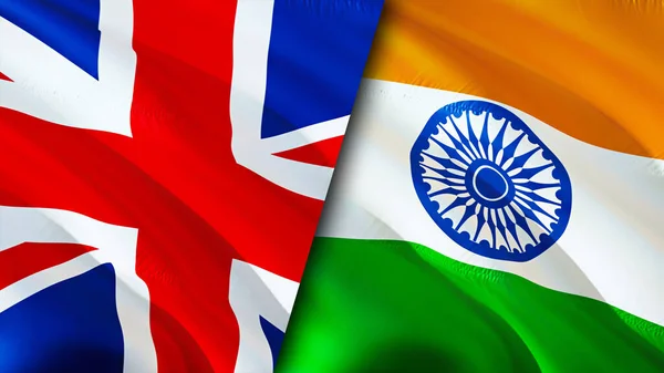 United Kingdom and India flags. 3D Waving flag design. United Kingdom India flag, picture, wallpaper. United Kingdom vs India image,3D rendering. United Kingdom India relations alliance an