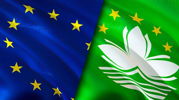 European Union and Macau flags. 3D Waving flag design. European Union Macau flag, picture, wallpaper. European Union vs Macau image,3D rendering. European Union Macau relations alliance an