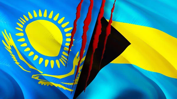Kazakhstan and Bahamas flags with scar concept. Waving flag,3D rendering. Kazakhstan and Bahamas conflict concept. Kazakhstan Bahamas relations concept. flag of Kazakhstan and Bahamas crisis,war