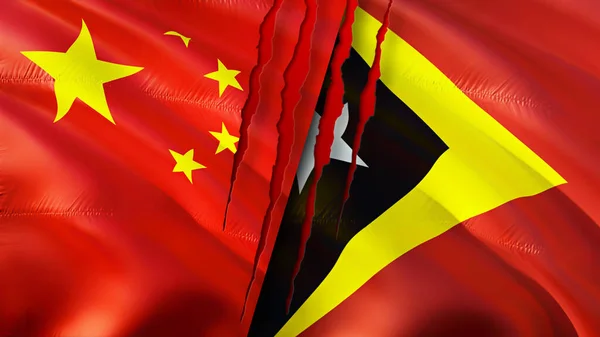 China and East Timor flags with scar concept. Waving flag,3D rendering. China and East Timor conflict concept. China East Timor relations concept. flag of China and East Timor crisis,war, attac
