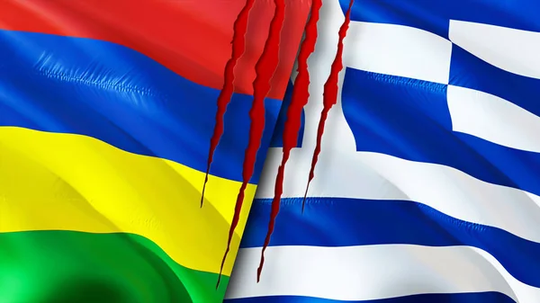 Mauritius Greece Flags Scar Concept Waving Flag Rendering Mauritius Greece — Stock Photo, Image