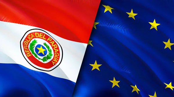 Paraguay and European Union flags. 3D Waving flag design. Paraguay European Union flag, picture, wallpaper. Paraguay vs European Union image,3D rendering. Paraguay European Union relations allianc