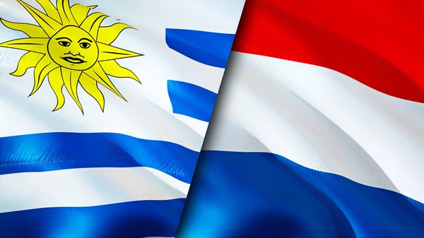 Uruguay and Netherlands flags. 3D Waving flag design. Uruguay Netherlands flag, picture, wallpaper. Uruguay vs Netherlands image,3D rendering. Uruguay Netherlands relations alliance an