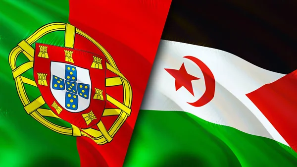 Portugal and Western Sahara flags. 3D Waving flag design. Portugal Western Sahara flag, picture, wallpaper. Portugal vs Western Sahara image,3D rendering. Portugal Western Sahara relations allianc