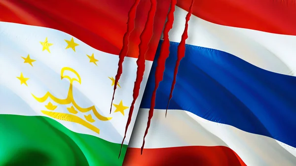 Tajikistan and Thailand flags with scar concept. Waving flag,3D rendering. Tajikistan and Thailand conflict concept. Tajikistan Thailand relations concept. flag of Tajikistan and Thailan