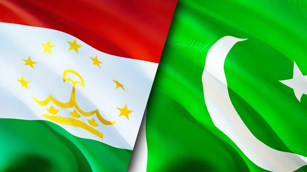 Tajikistan and Pakistan flags. 3D Waving flag design. Tajikistan Pakistan flag, picture, wallpaper. Tajikistan vs Pakistan image,3D rendering. Tajikistan Pakistan relations alliance an