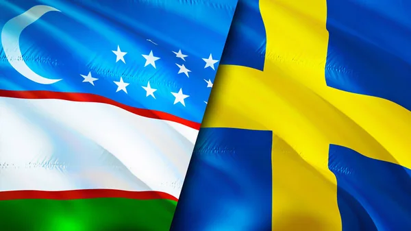 Uzbekistan and Sweden flags. 3D Waving flag design. Uzbekistan Sweden flag, picture, wallpaper. Uzbekistan vs Sweden image,3D rendering. Uzbekistan Sweden relations alliance and Trade,travel,touris