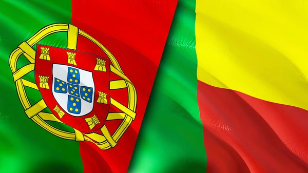 葡萄牙和贝宁的国旗 3D波浪旗帜设计 葡萄牙贝宁国旗 葡萄牙对贝宁的图像 3D渲染 葡萄牙贝宁关系联盟与贸易 — 图库照片