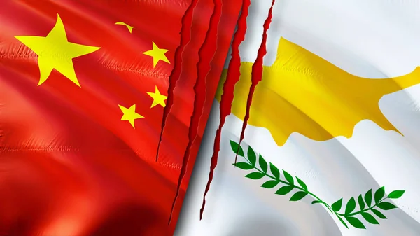 China and Cyprus flags with scar concept. Waving flag,3D rendering. China and Cyprus conflict concept. China Cyprus relations concept. flag of China and Cyprus crisis,war, attack concep