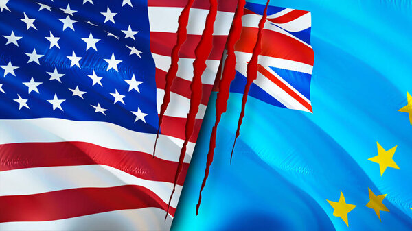 Флаги США и Тувалу со шрамом. Флажок, 3D рендеринг. Концепция конфликта между США и Тувалу. Концепция отношений США и Тувалу. флаг США и Тувалу кризис, война, концепция нападения
