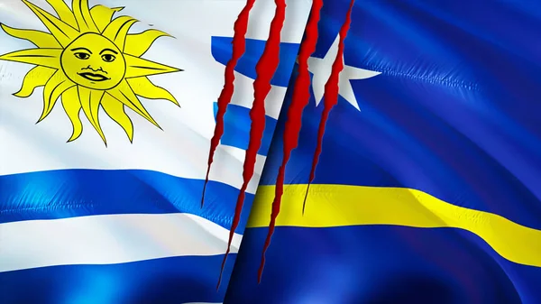 乌拉圭和库拉索岛的国旗带有疤痕概念 飘扬的旗帜 3D渲染 乌拉圭和库拉索岛冲突概念 乌拉圭库拉索岛关系概念 乌拉圭国旗与库拉索岛危机 — 图库照片