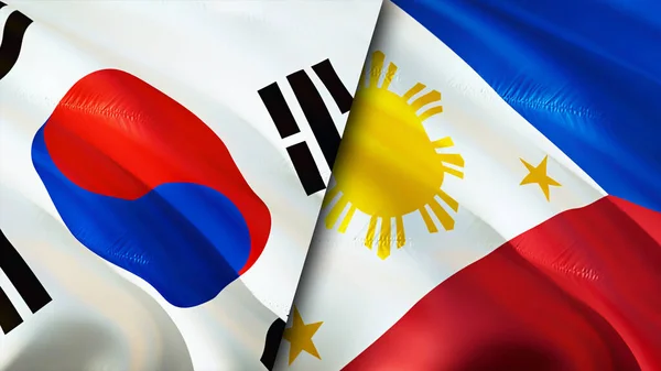 South Korea and Philippines flags. 3D Waving flag design. South Korea Philippines flag, picture, wallpaper. South Korea vs Philippines image,3D rendering. South Korea Philippines relations allianc
