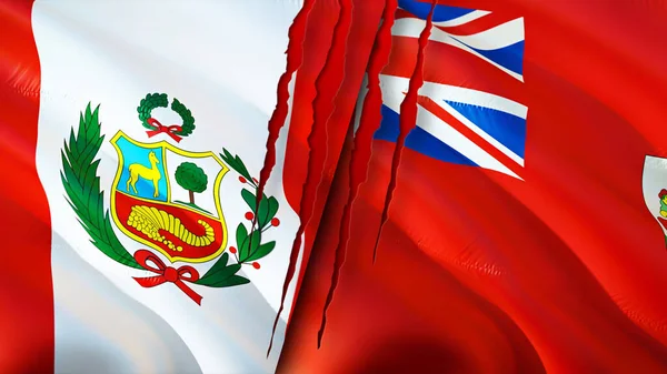 秘鲁和百慕大的国旗带有疤痕概念 飘扬的旗帜 3D渲染 秘鲁和百慕大冲突概念 秘鲁百慕大关系概念 秘鲁国旗和百慕大危机 — 图库照片