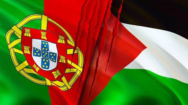 Portugal Palestine Flags Scar Concept Waving Flag Rendering Portugal Palestine — Stock Photo, Image