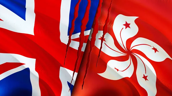 United Kingdom and Hong Kong flags with scar concept. Waving flag,3D rendering. United Kingdom and Hong Kong conflict concept. United Kingdom Hong Kong relations concept. flag of United Kingdom an