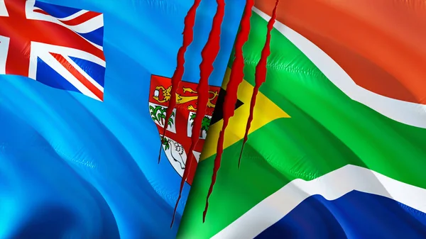 Fiji and South Africa flags with scar concept. Waving flag,3D rendering. Fiji and South Africa conflict concept. Fiji South Africa relations concept. flag of Fiji and South Africa crisis,war, attac