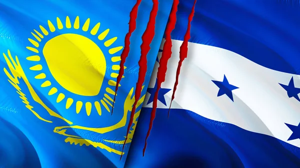 Kazakhstan and Honduras flags with scar concept. Waving flag,3D rendering. Kazakhstan and Honduras conflict concept. Kazakhstan Honduras relations concept. flag of Kazakhstan and Hondura