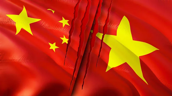 Флаги Китая Вьетнама Шрамом Флажок Рендеринг Концепция Конфликта Китая Вьетнама — стоковое фото