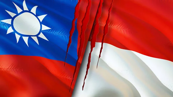 Taiwan and Indonesia flags with scar concept. Waving flag,3D rendering. Taiwan and Indonesia conflict concept. Taiwan Indonesia relations concept. flag of Taiwan and Indonesia crisis,war, attac